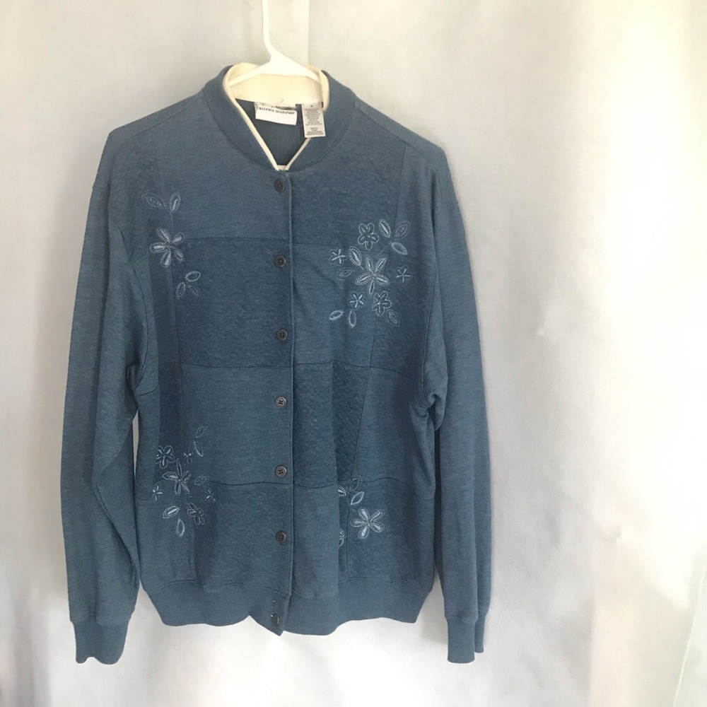 Women's Blue Floral Embroidered Button-Up Sweater